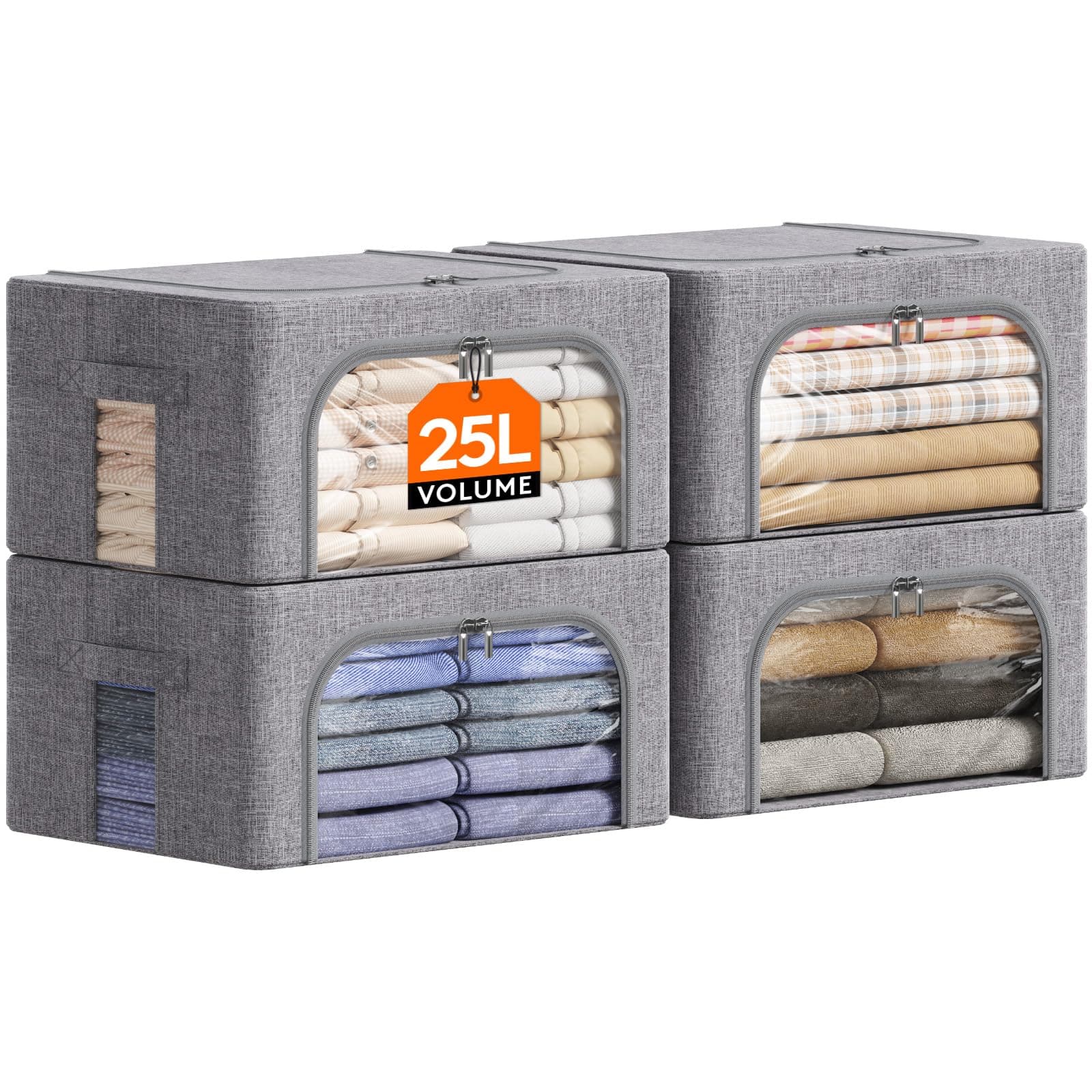 Lifewit 25L Aufbewahrungsbox mit Deckel, Kleidung Aufbewahrung, Faltbare Kleideraufbewahrung mit Metallrahmen, Stoffbox mit Griffen & Fenster, Aufbewahrung Kleiderschrank, 4er Set, Hellgrau