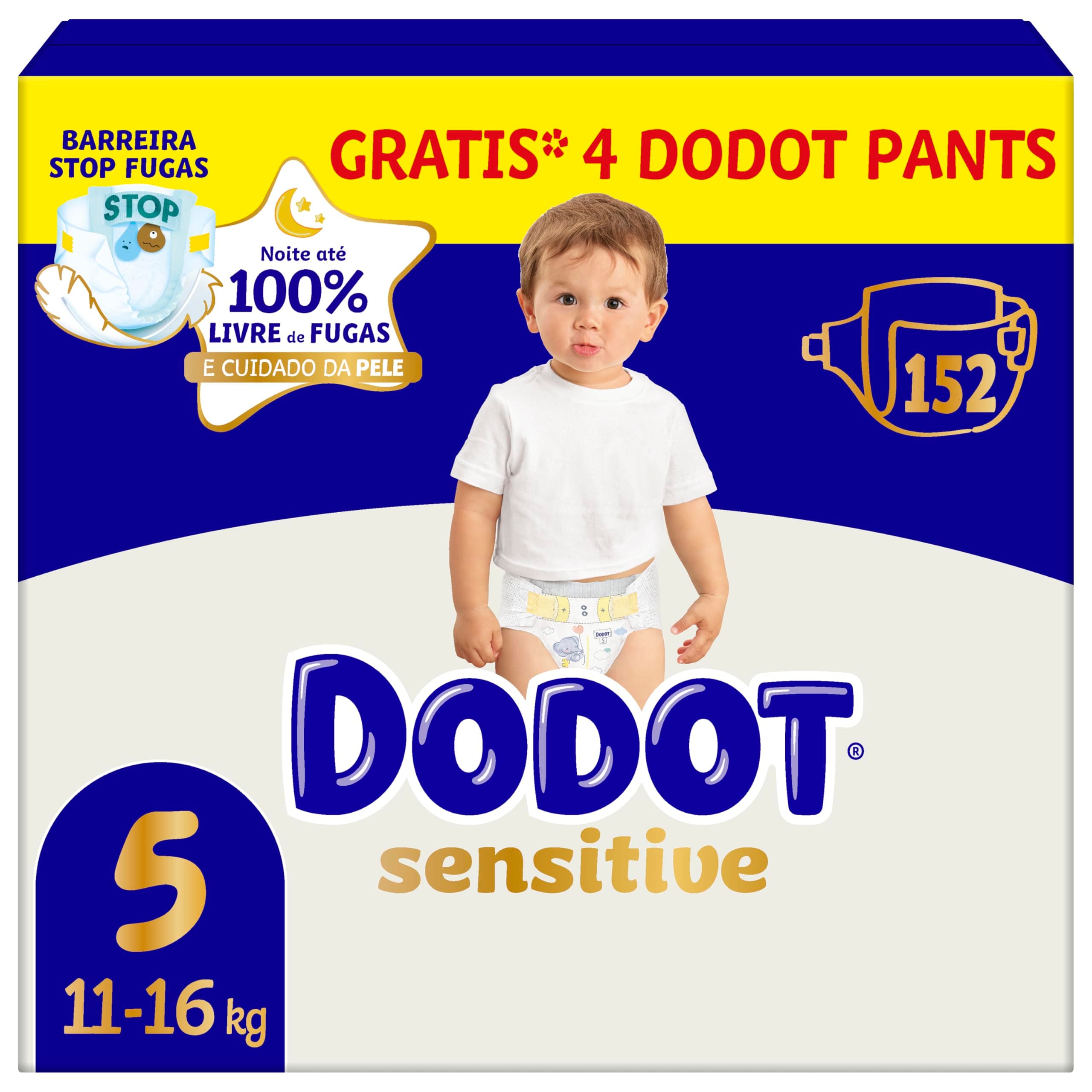 Dodot Pañales Bebé Sensitive Talla 5 (11-16 kg), 152 Pañales + 4 Pants de Regalo, Hasta 12 h De Protección Antifugas y Cuidado de la Piel, Pack Mensual