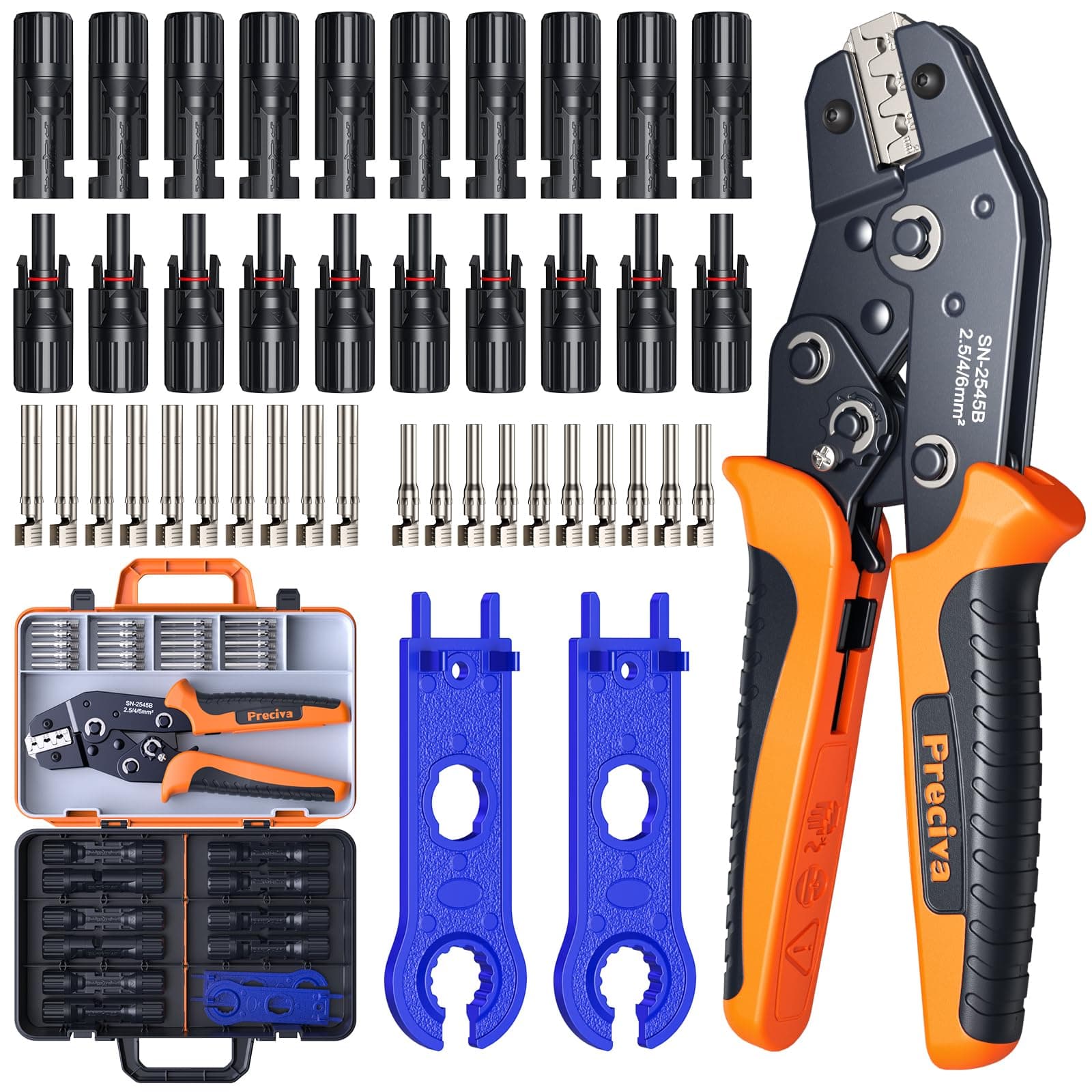 Preciva Kit Crimpadora MC4, Conectores para Paneles Solares, 2,5-6 mm² (AWG16-10), Terminales Solares/Conectores Fotovoltaicos Impermeable, 2 Llaves y Maletín Organizador