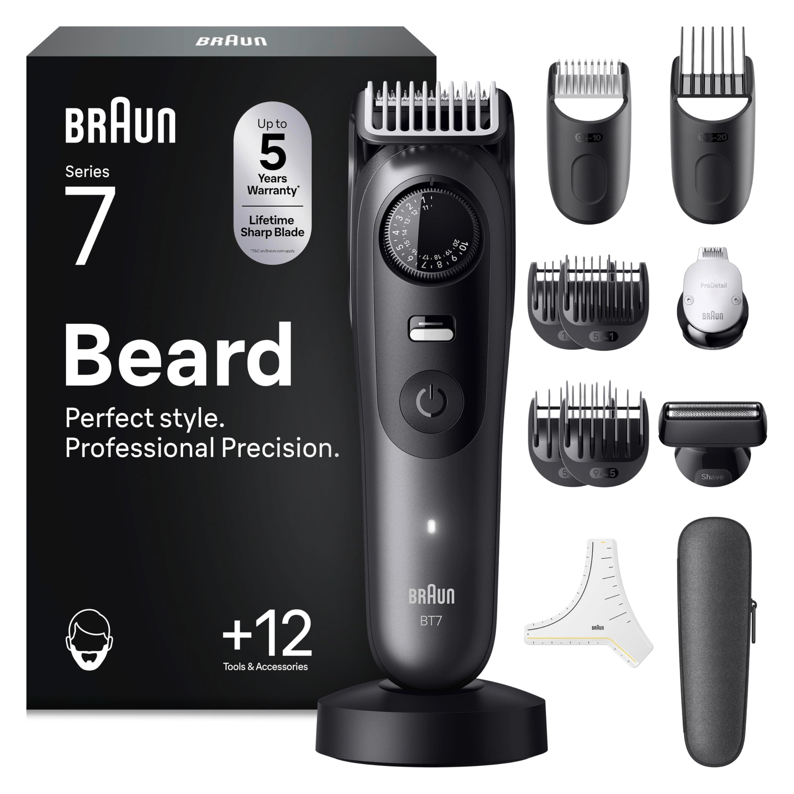Braun Regolabarba Uomo Series 7, +12 Strumenti Da Barbiere, Rasoio Elettrico Uomo Lama ProBlade Affilata a Vita, Fino A 120 Min Di Autonomia, Selettore Di Precisione Con 40 Lughezze, BT7545, Grigio