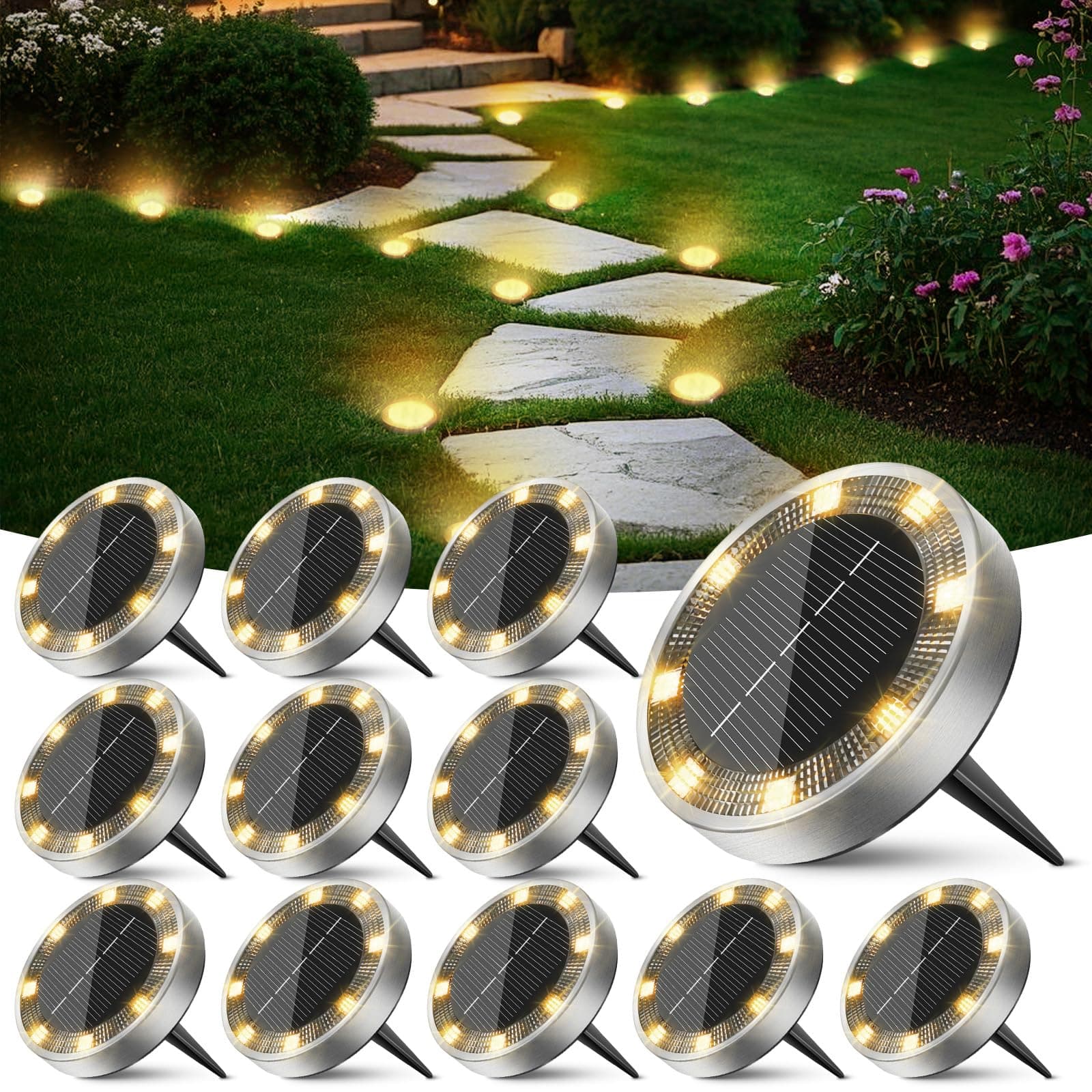 Peasur 12 Paquetes Luces Solares LED Exterior Jardin Suelo,8 LED Luz Solar Exterior Jardin, IP65 Impermeable Luces Solares para Patio, Camino, Césped, Blanco Cálido