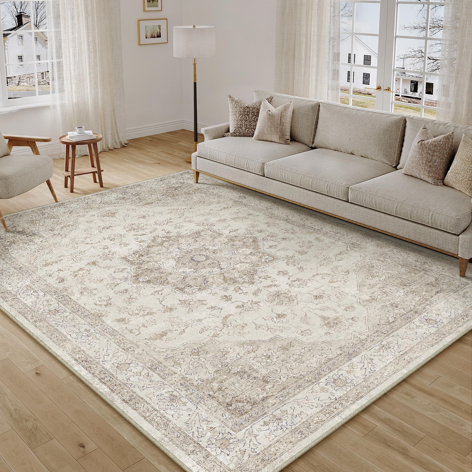 PureCozy Vintage Alfombra Salon 160x230cm Beige Habitacion Lavables en Lavadora Antideslizante Alfombras Sala Dormitorio Cocina Comedor Grande Carpet Pelo Corto Rug