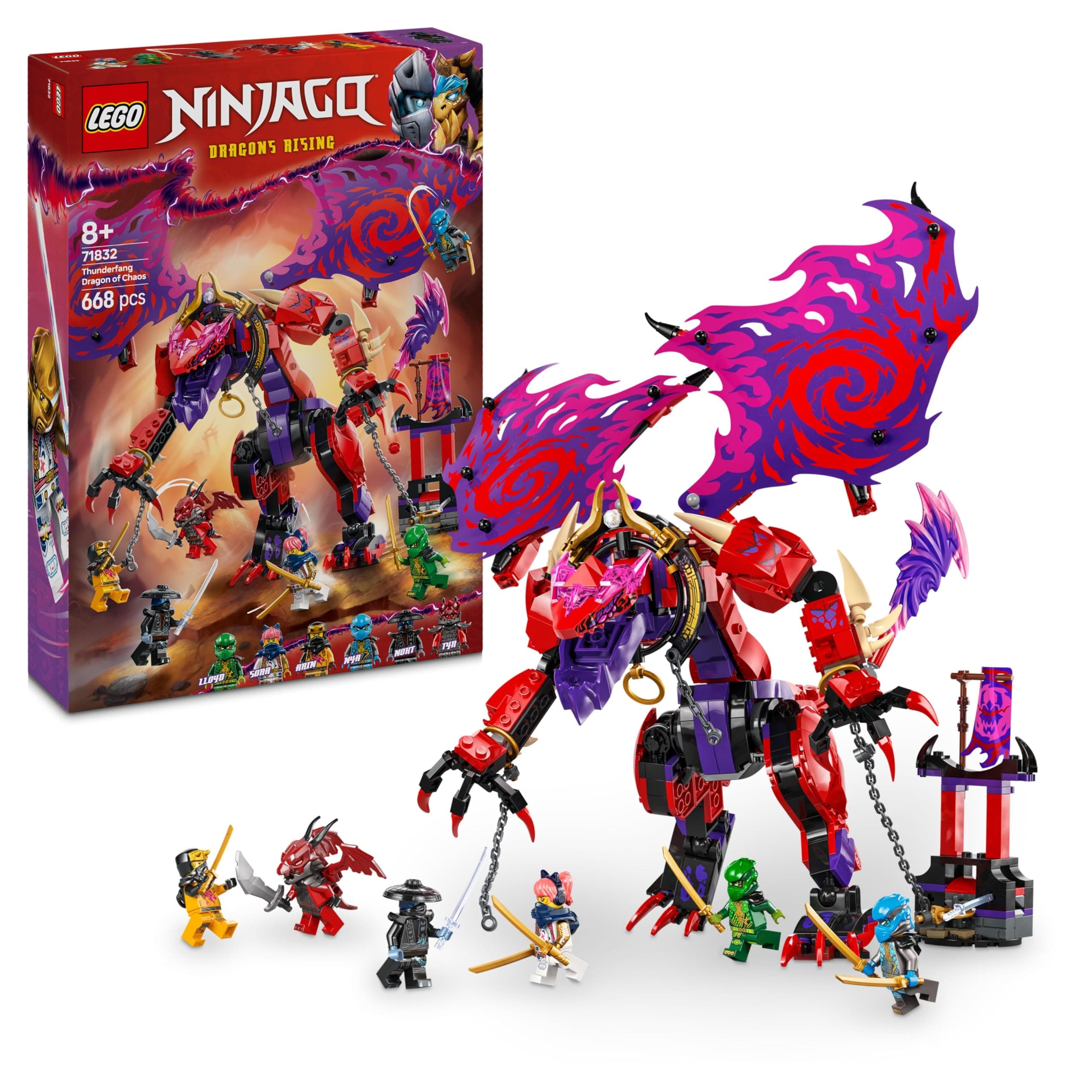 LEGO Ninjago Dragón del Caos: Colmillo Tronador Juguete de Construcción, Juego de Combate con 6 Minifiguras con Armas Ninja, Figura Articulada, Regalo para Niños y Niñas de 8 Años o Más 71832