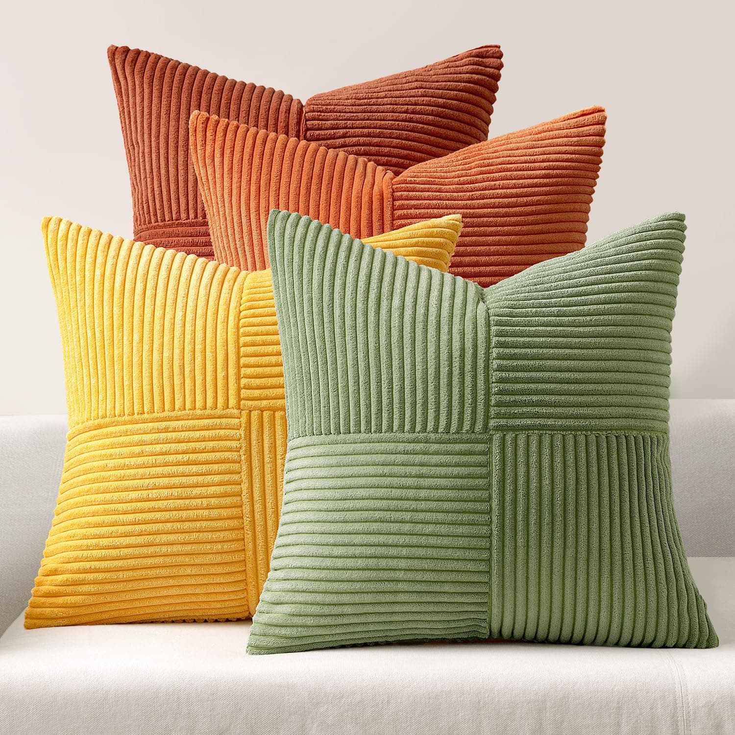 MIULEE 4er Set Kordsamt Kissenbezug Patchwork Kissenhülle Weich Dekokissen Modern Unsichtbarer Reißverschluss Sofakissen Zierkissen für Sofa Wohnzimmer Schlafzimmer Orange Grün Serie 40x40 cm