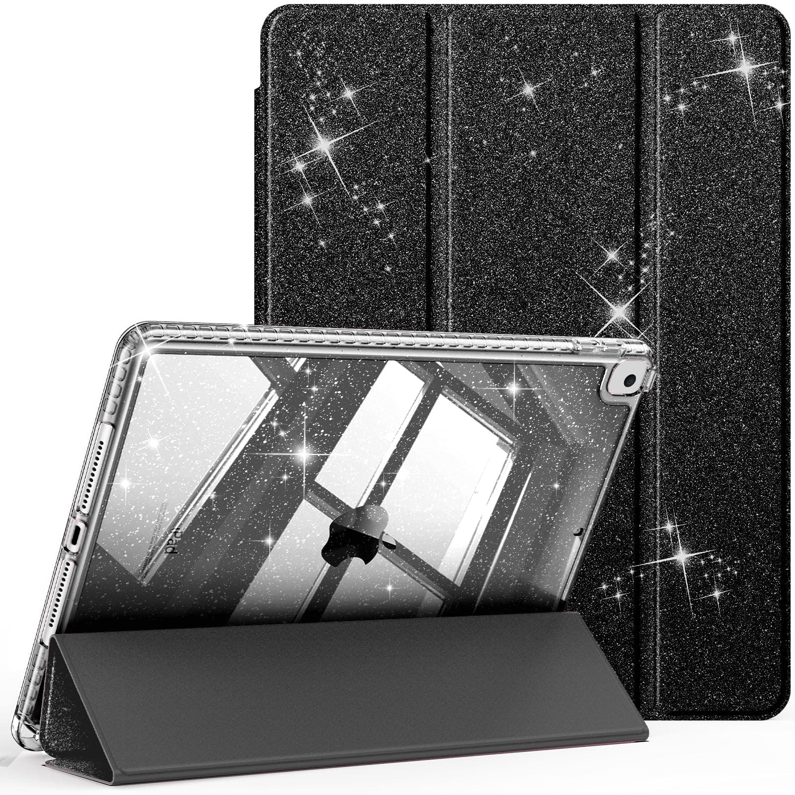 Fintie Glitzer Hülle für iPad 10.2 Zoll 9/8/7 Generation Case (2021/2020/2019 Modell) – Transparente Glitzer-Schutzhülle mit Stifthalter, Stoßfest Glänzender Rückseite & Auto Sleep/Wake, Schwarz