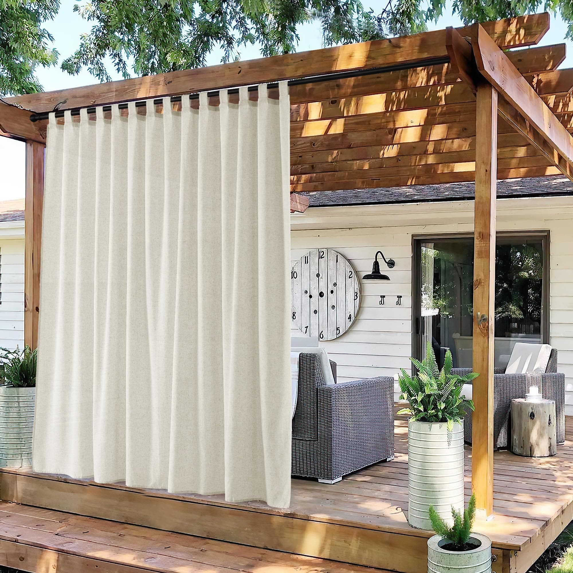 PONY DANCE Halbtransparente Leinen Outdoor Gardinen Boho 1er Set H 213 x B 254 cm wasserdichte Outdoorvorhänge mit Klett-Schlaufen Balkon/Terrasse Vorhang Outdoor, Beige