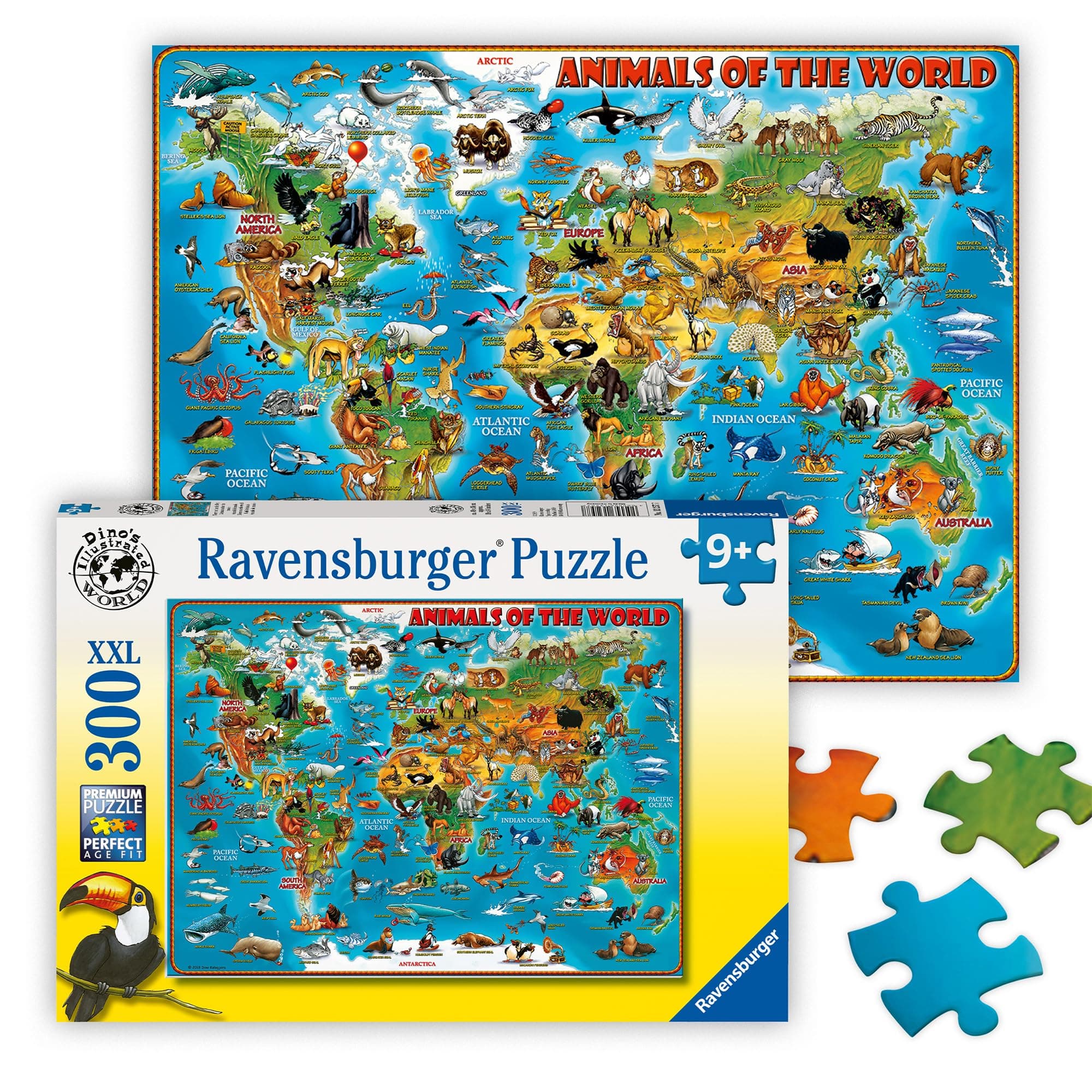Ravensburger Kinderpuzzle - 13257 Tiere rund um die Welt - Puzzle-Weltkarte für Kinder ab 9 Jahren, mit 300 Teilen im XXL-Format